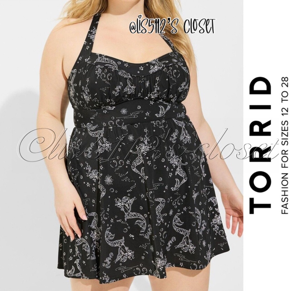 Torrid Black Mermaid Print Retro Wireless Long Swim Dress Swimsuit 2X 18 20